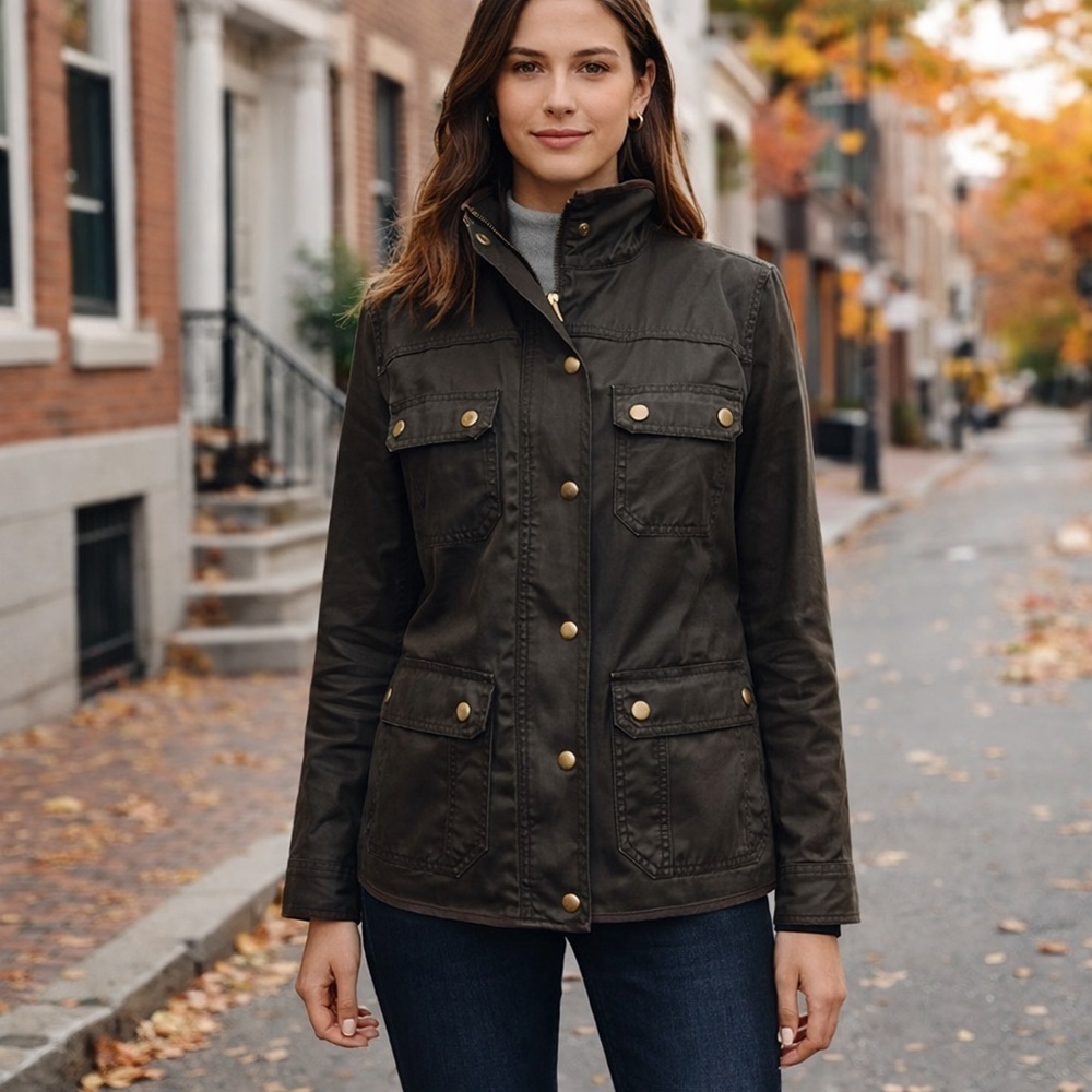 J Crew Womens Downtown Field Jacket Sz Small Olive Green Waxed Cotton Military